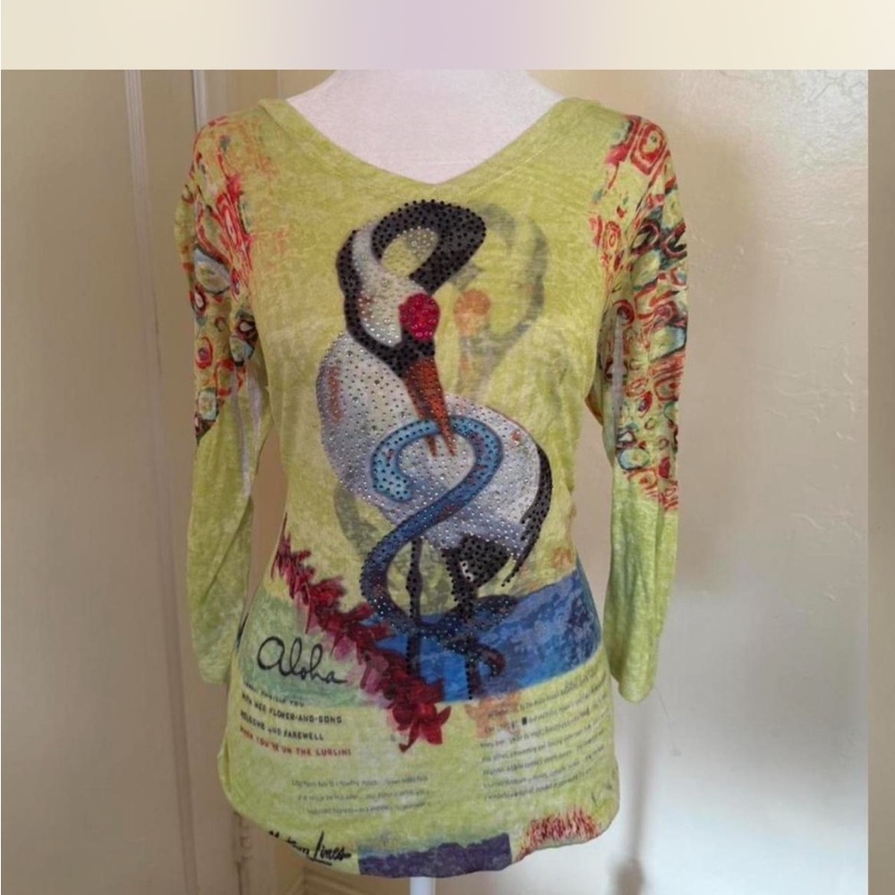 Y2K Aloha Hawaii Rhinestone T-Shirt w/ crane & snake Ed hardy vibes